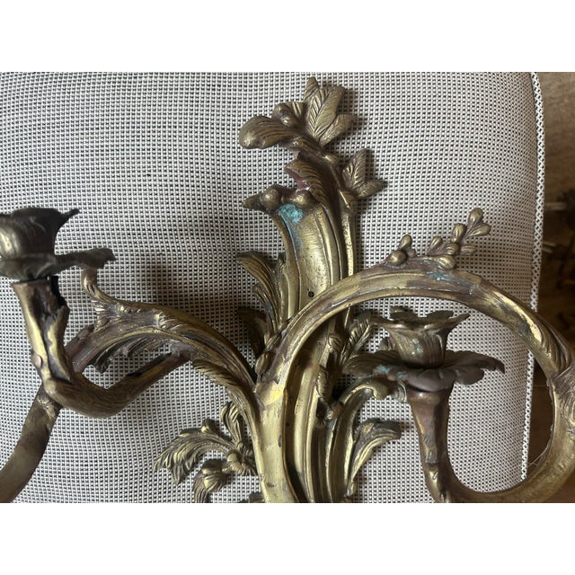 Metal Vintage French Rococo Revival Brass Candle, Opera Wall Sconces – Pair For Sale - Image 7 of 9
