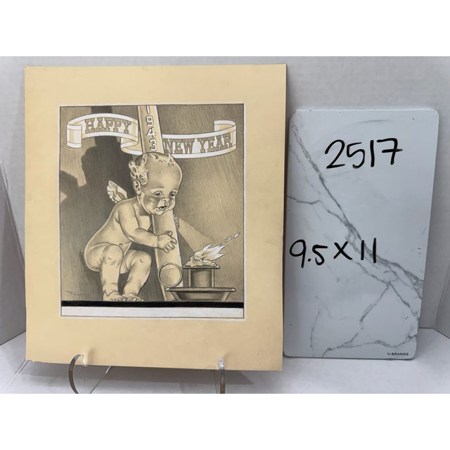 Original Signed Graphite Illustration of Cherub Celebrating New Year 1943, 11 × 9.5 In. For Sale In Atlanta - Image 6 of 6
