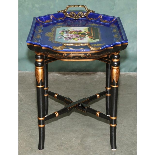 Stamped Cobalt Blue Porcelain and Gilt Metal Tray Table, 2000 For Sale - Image 12 of 18