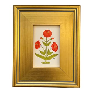 Original Hand-Painted Red Floral Motif Paining, Framed For Sale