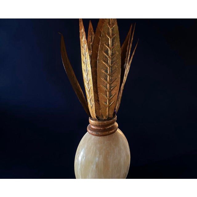 Vintage Hollywood Regency Neoclassical Gilt Lamp W/ Marbled Orb & Metal Leaves For Sale - Image 4 of 5