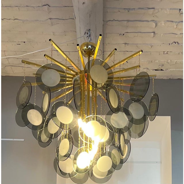 Large Chandelier in Brass with Smoked Murano Glass Discs For Sale - Image 4 of 9