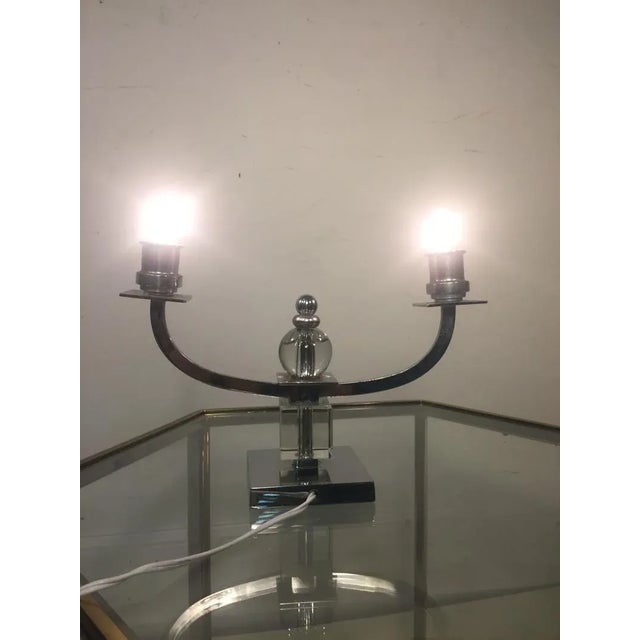 Pair of Modernist Art Deco Glass Ball and Cube Double Arm Table Lamps Designed in France in The 1930's.Composed of...