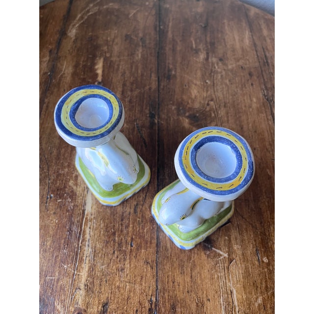 White Pair of Hand Painted Bunny Rabbit Terracotta Candlestick Holders, Made in Portugal For Sale - Image 8 of 11