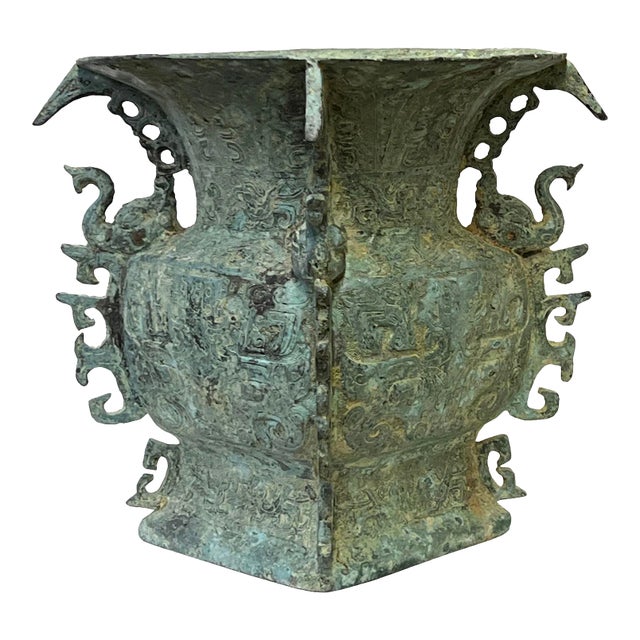 Vintage Look Chinese Green Gray Ancient Ding Shape Holder Display For Sale