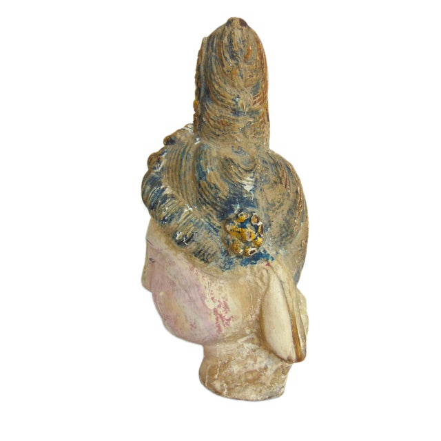 Early 20th Century Antique Hand Painted Hand Carved Polychrome Chinese Quan Yin Head 10"h For Sale - Image 5 of 8
