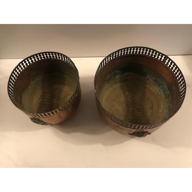 Rustic European 1940s Copper Brass Reticulated Footed Planters With Rose - A Pair For Sale - Image 3 of 18