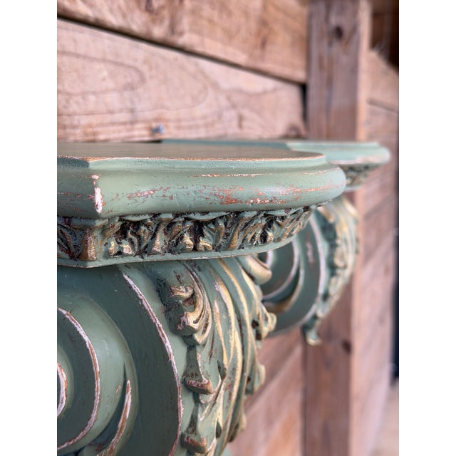 Pair of Carved Acanthus Wall Bracket Shelves / Corbels in Distressed Green Finish For Sale In Naples, FL - Image 6 of 12