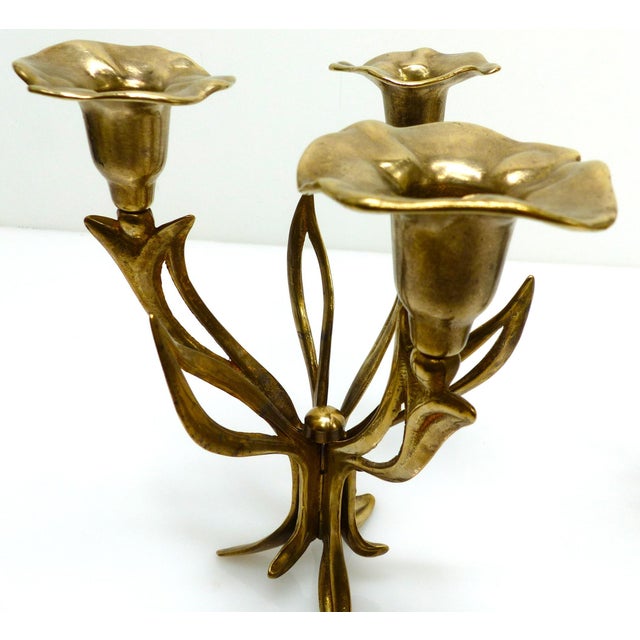 Three-Light Tripod Brass Candlesticks with Organic Floral Decoration, 1960s, Set of 2 For Sale - Image 4 of 8