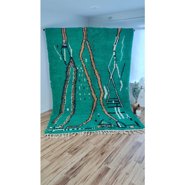 2020s Handmade Moroccan Beni Ourain Rug, Emerald Green Abstract, 9'7" X 6'9" For Sale - Image 5 of 15