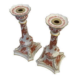 A Pair of Royal Crown Derby Red Aves Bone China, Candlestcik Holders, 1890's, Made in Derby England