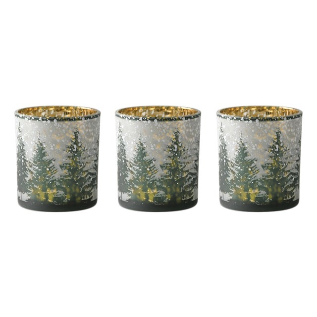 Frosted Pine Mercury Glass Candle Holder (Set of 3) For Sale