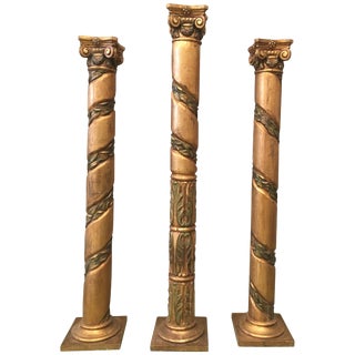 20th Century Spanish Carved Gilt Polychrome Wood Corinthian Columns.Set of Three For Sale