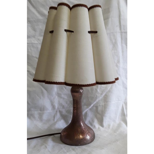 Art Nouveau Table Lamp with Formerly Silver Plated Copper Base & Segmented Beige Fabric Shade with Brown Ribbons For Sale - Image 6 of 6