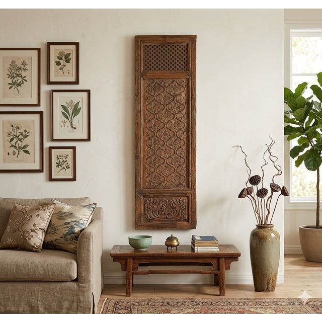 1970s Vintage Restored Relief Floral Motif Rectangular Wood Wall Panel A For Sale - Image 5 of 10