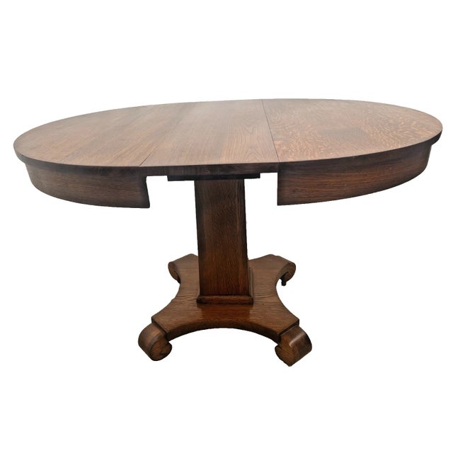 Round Pedestal Expanding Dining Table Antique Arts & Crafts Quarter-Sawn Oak For Sale - Image 4 of 15