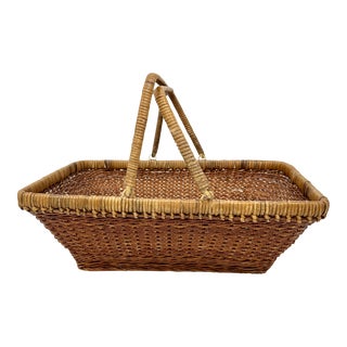 Vintage Rectangular Woven Wicker Basket With Handles For Sale