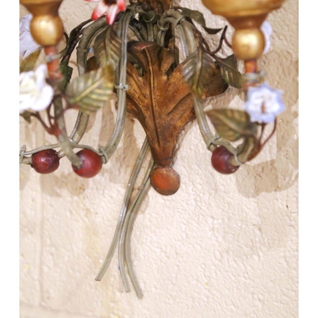 Pair of Mid-Century Italian Tole and Porcelain Floral Three-Light Wall Sconces For Sale - Image 9 of 10