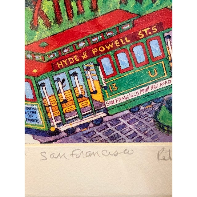 1990s Signed Peter Lee "Cable Car San Francisco" Framed Miniature Print, Blue Wood Frame For Sale - Image 12 of 13