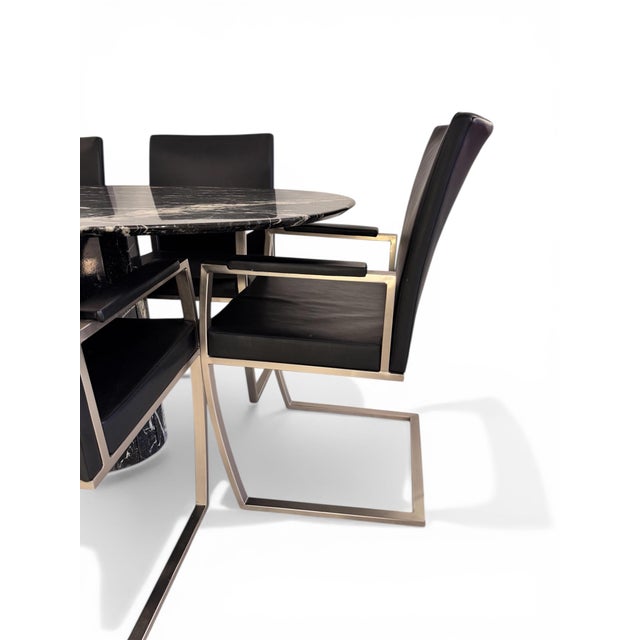 Black Italian Black Marble Dining Suite with Leather, 1980s, Set of 7 For Sale - Image 8 of 10