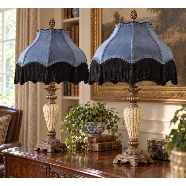 Late 20th Century Neoclassical Cream Crackle Urn Lamps With Muted Blue Velvet Fringe Shades - Pair For Sale - Image 4 of 8