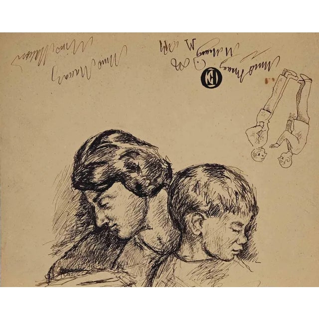 Mother and Child is an original Pen Drawing realized by Mino Maccari in mid-20th Century. Good condition on a yellowed...