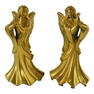 Vintage Mid-Century Gold Metal Angel Candle Stick Holders - a Pair For Sale