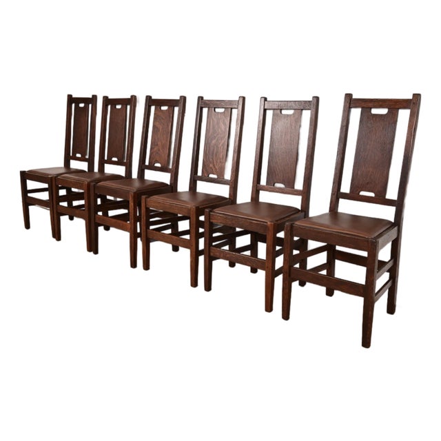 Gustav Stickley Antique Mission Oak Arts & Crafts H-Back Dining Chairs With Leather Seats, Newly Restored For Sale