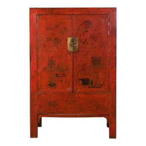 Mid 19th Century Chinese Qing Dynasty Red Lacquer Shanxi Wedding Cabinet