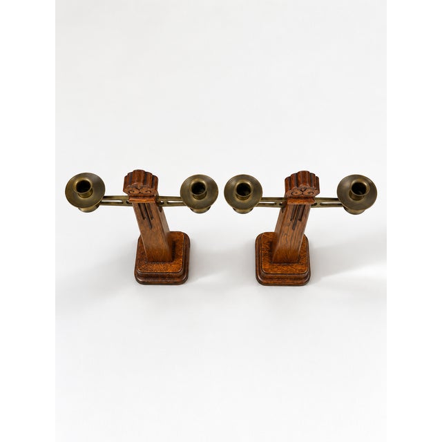 Art Deco Amsterdam School Oak and Brass Candlesticks, 1920s, Set of 2 For Sale - Image 6 of 10