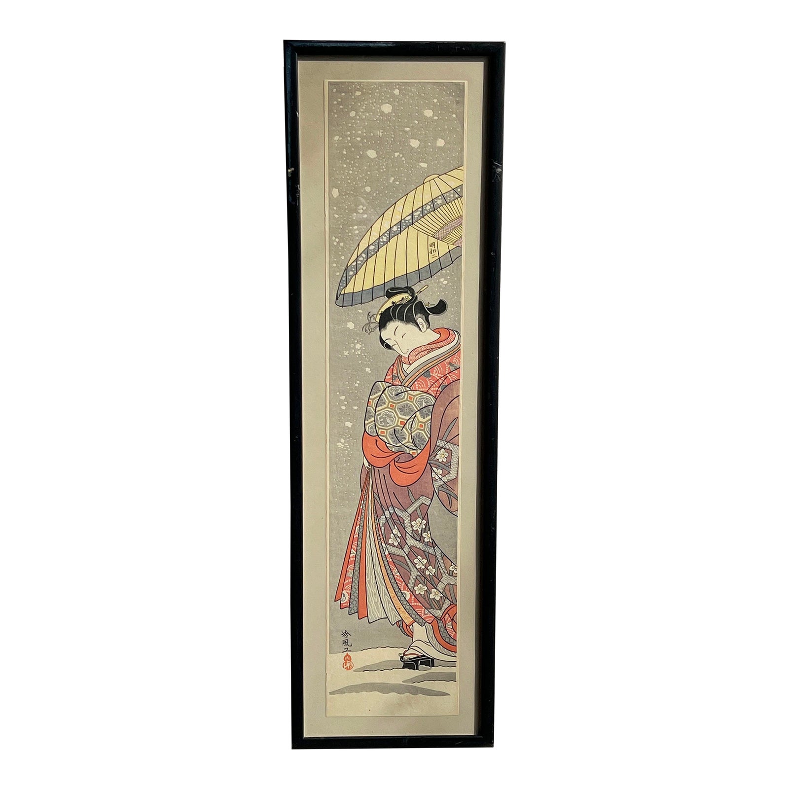 Vintage Japanese Woodblock Print 'Courtesan on Parade in Falling Snow' by Suzuki Harunobu
