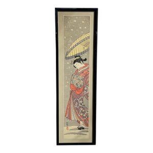 Vintage Japanese Woodblock Print 'Courtesan on Parade in Falling Snow' by Suzuki Harunobu