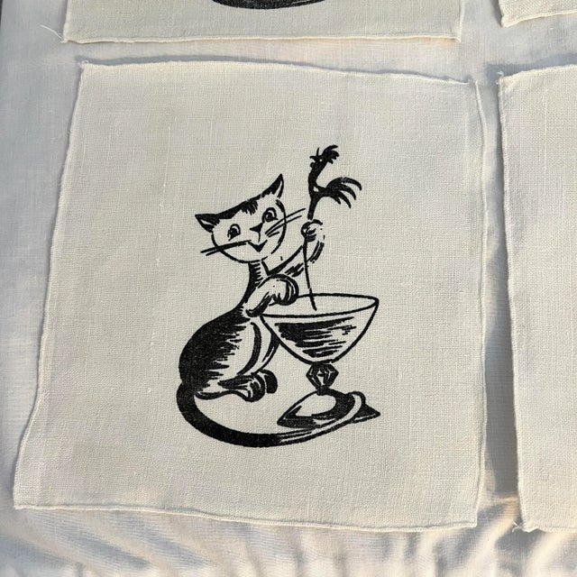 Mid Century black cat holding martini printed on ivory linen. Not all are exactly the same size and reflect a cottage...
