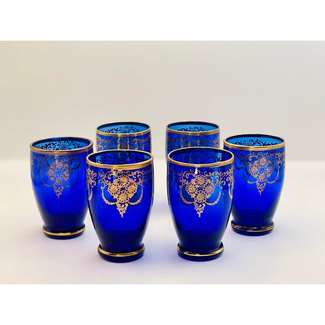 Early 20th Century Bohemian Glass Blue & Gold Decanter Set- 6 Glasses & Decanter For Sale In Jacksonville, FL - Image 6 of 11