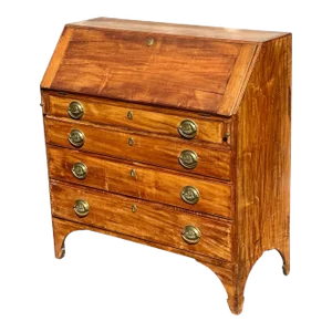 Antique New Hampshire Hepplewhite Fruitwood Slant Lid Desk With Classical Brass