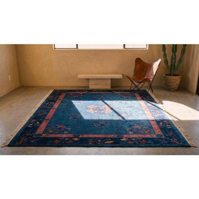 Textile 1920s Blue Floral Antique Chinese Rug 9' 0" X 11' 8" Handknotted Wool Carpet For Sale - Image 7 of 8