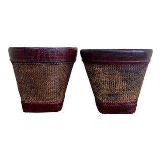 Pair of 19th Century Thai Hand Woven Rattan Red Lacquer Grain Baskets For Sale