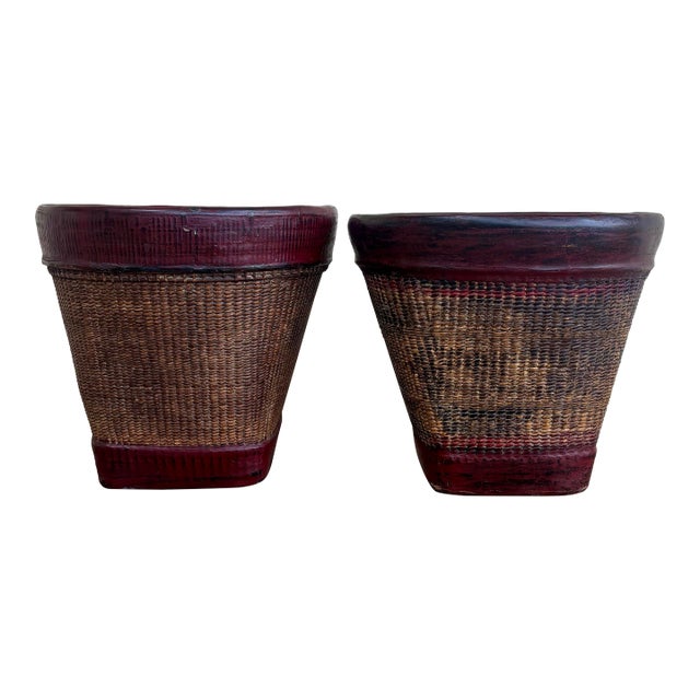 Pair of 19th Century Thai Hand Woven Rattan Red Lacquer Grain Baskets For Sale
