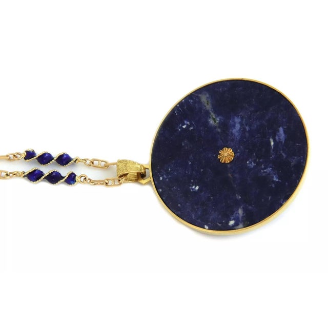 Blue Estate Lapis Enamel 18k Yellow Gold 3D Tiger Head Round Pendant & Chain For Sale - Image 8 of 8