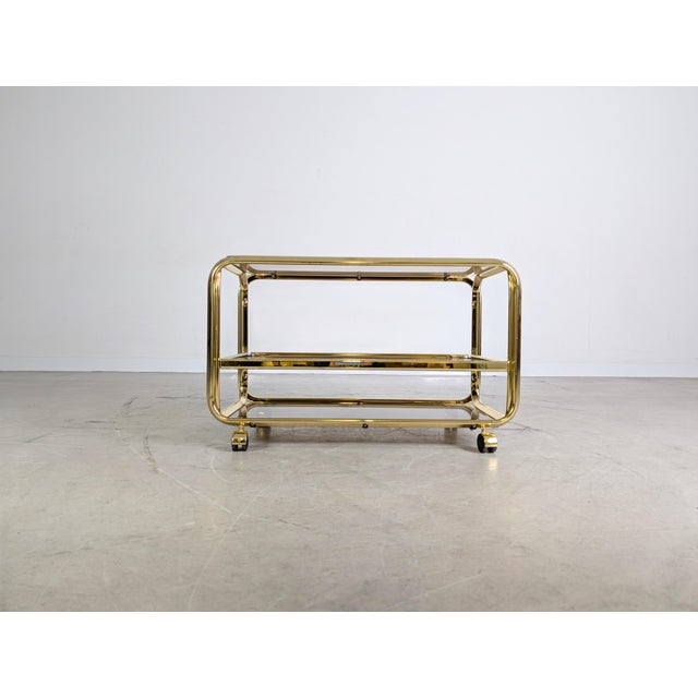 Mid-Century Modern Mid-Century Modern Serving Trolley in Brass and Glass, Italy, 1970s For Sale - Image 3 of 10