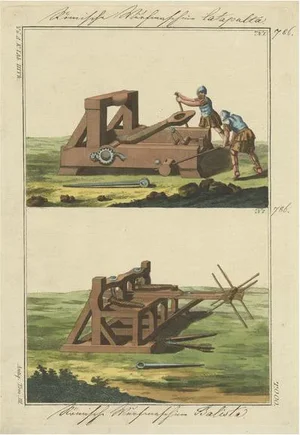 R. von Spalart, Illustration of a Roman Catapult and Ballista, 1810, Hand-Colored Print