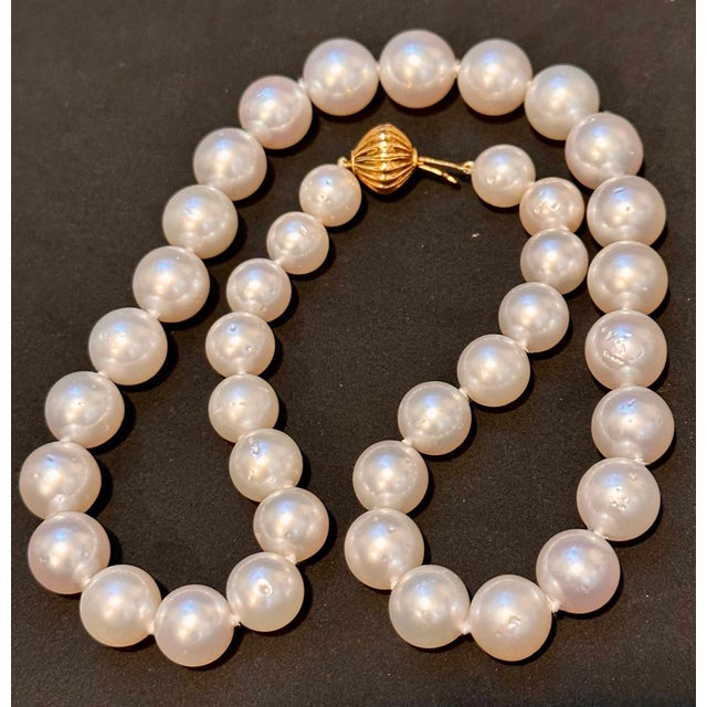 Graduating White South Sea Pearls 9-12mm Strand Necklace 14 Kt Yellow Gold Clasp For Sale - Image 10 of 18