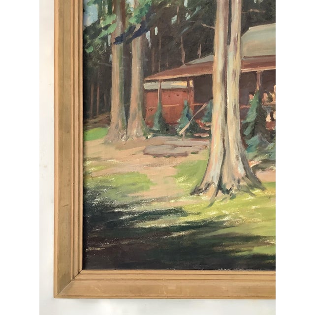 Circa 1940s Cabin in Woods Oil Painting For Sale - Image 4 of 6