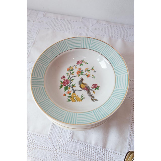 1960s French Earthenware Deep Plates with Bird of Paradise Decor from Digoin Sarreguemines, 1960s, Set of 12 For Sale - Image 5 of 7