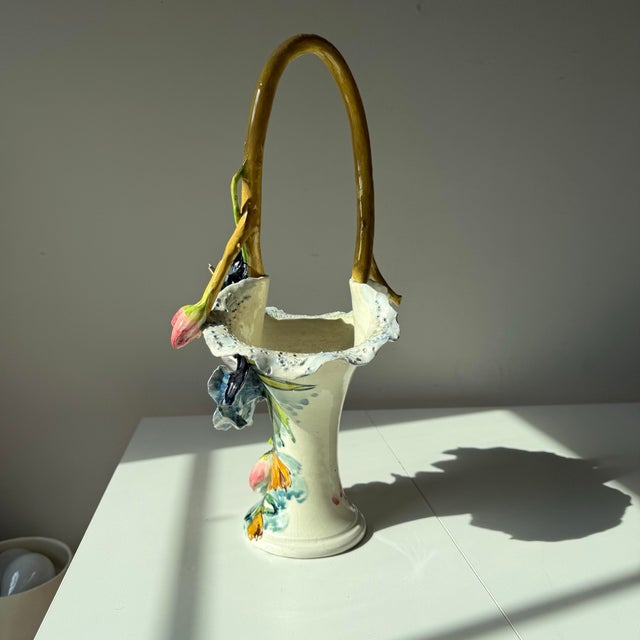 Mid 20th Century Italian Majolica Hand Painted Floral and Tulip Basket Vase For Sale - Image 4 of 12