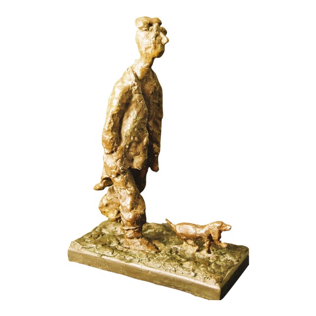 Dominik Albinski, Polish Modernist Man Walking Dog Bronze Expressionist Art Sculpture For Sale