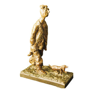 Dominik Albinski, Polish Modernist Man Walking Dog Bronze Expressionist Art Sculpture