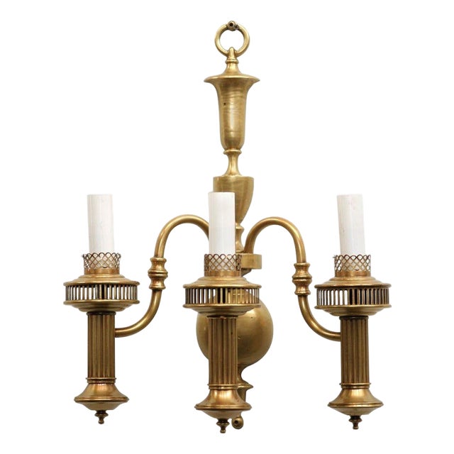 American Colonial Brass Electric Converted Oil Lamp Wall Sconce For Sale