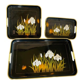 1970s Lacquer Asian Iris Themed Stacking Trays- Set of 3 For Sale