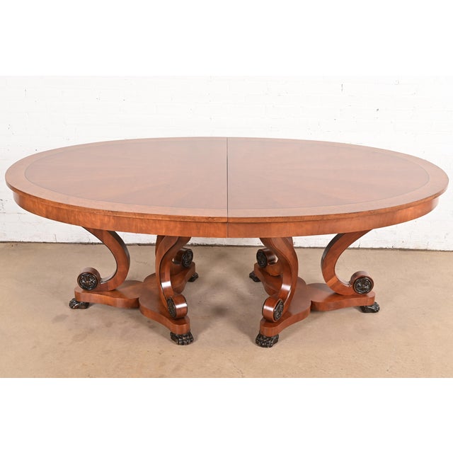 Brown Henredon Regency Cherry and Burl Wood Double Pedestal Extension Dining Table, Newly Refinished For Sale - Image 8 of 13